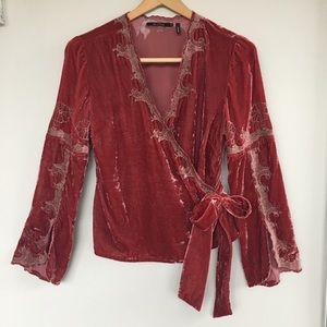 Nic + Zoe Red Velvet Embroidered Festival Wrap Top